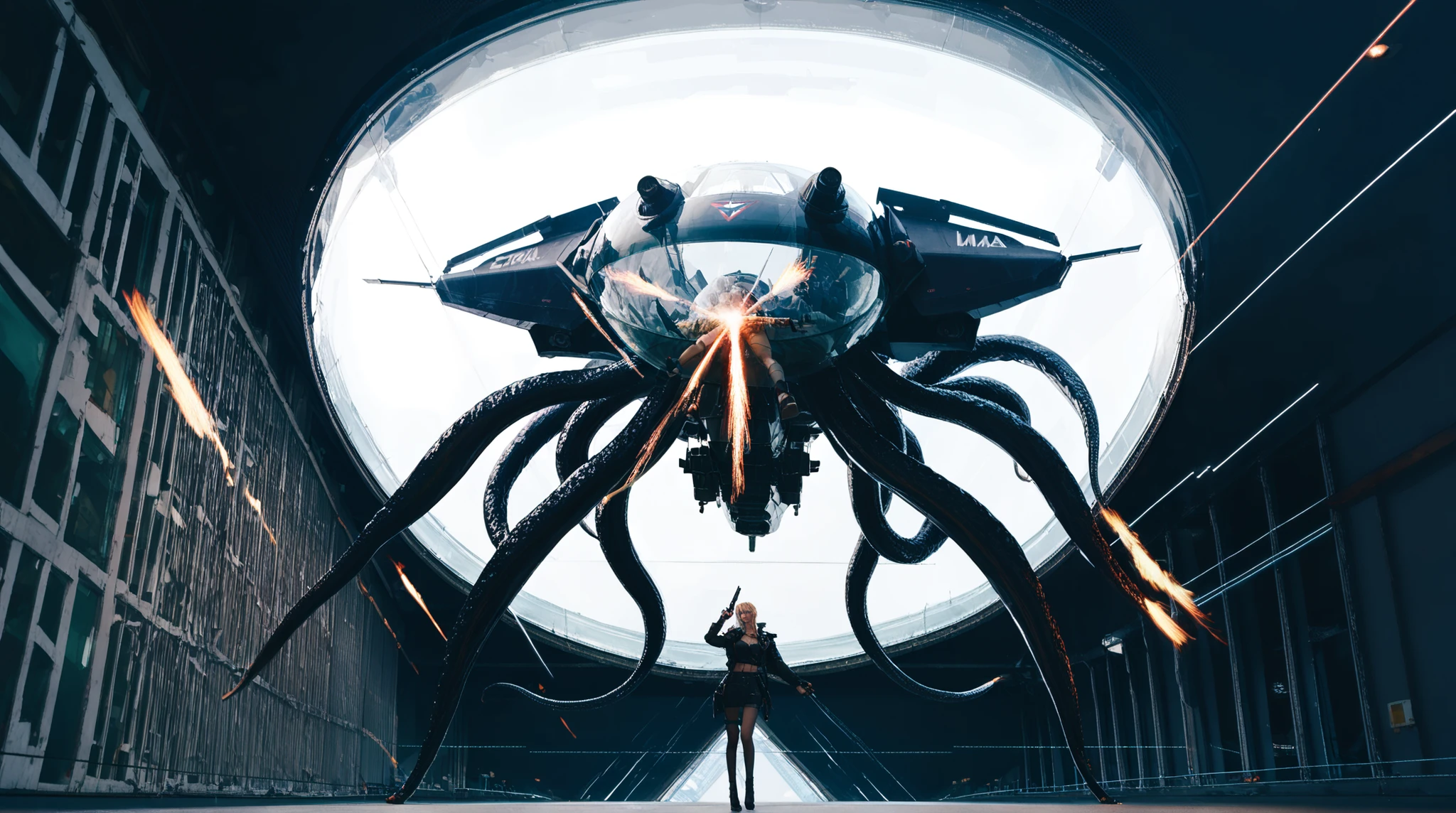 A high-resolution full-color illustration in the style of Arknights. A futuristic cyberpunk sci-fi scene on Mars. A blonde, elegant female pilot wearing stylish, tactical Arknights-inspired gear is flying directly toward the viewer at high speed inside a translucent tube-like corridor within an alien experimental facility. She is propelled by a sleek futuristic flight unit strapped to her back, with glowing thrusters and angular wings emitting intense light trails. Suddenly, a grotesque octopus-like alien creature is lunging from behind her, tentacles outstretched, aiming to capture her mid-flight. The pilot looks determined but tense as she reacts. Through the transparent tunnel walls, a vivid interstellar battle rages between Earth Alliance warships and organic alien battleships, firing energy beams across space. The scene is highly detailed, dramatic, and vibrant with anime-style lighting and motion effects.