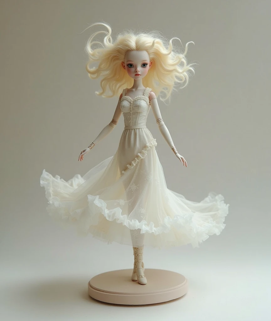 A doll with a dress made of acrylic nails 
