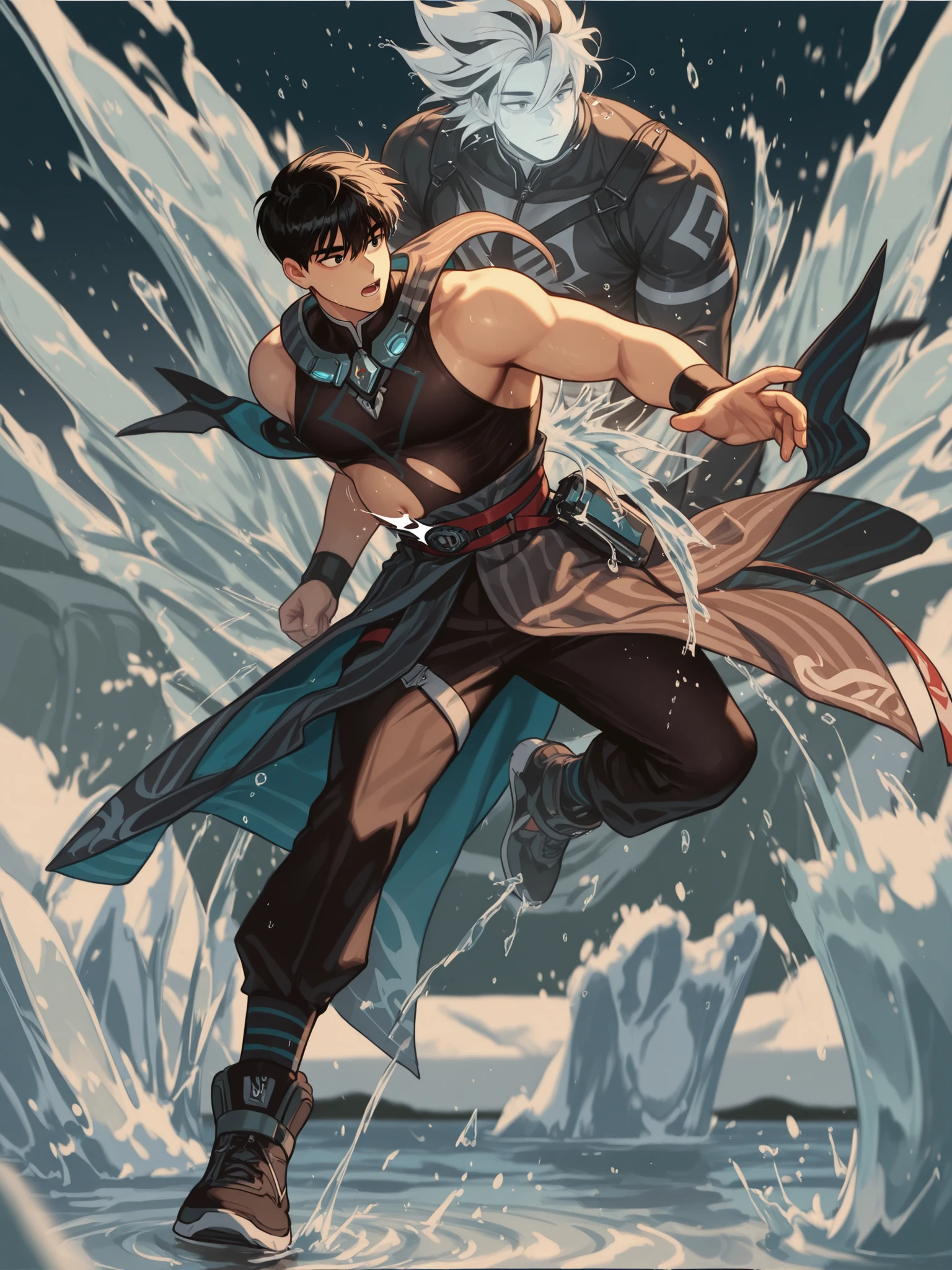 Full hd , Black hair , 8k , clear face , handsome , manhwa, water, 2 eyes are clearly not blurred, virile , color tone , eyes are not distorted , swipe back hair up , short hair, six-pack , open belly , short hair , nam , stripes Caucasian , short side part hair