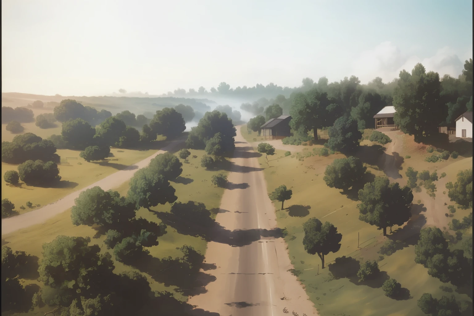 nice image, details, generate from original image, high quality, beautiful mid afternoon time, nice sky, nice clouds, nice trees, nice road, cows, nice view, nice perspective, nice composition, nice picture, grass, bushes, small road, summer season, fog
