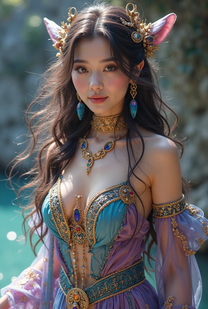 ((masterpiece)), ((best quality)), (ultra-detailed), ((kawaii)), cute, (lovely), ((extremely detailed)), detailed hand, detailed fingers, 4K, (8K), best quality, (beautiful), illustration, upper body, (stand against the wall), folding arms, a pretty woman, solo, sorceress, ((sorceress costume)), (beautiful hair), ((beautiful eyes)), light smile, blush, ancient ruins, (enchanted grove),