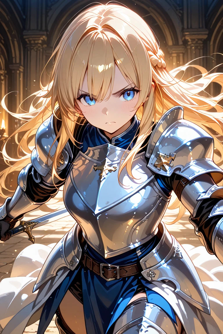 (RAW Photos, Best Quality), (animesque: 1.2), Portrait of an 18 year old woman with golden hair, Red eyes, (sparkling pupils), Female Knights in Fantasy Worlds, black breastplate mail, White Dress Armor, (rapier), Smiling smile, Background of an abandoned house, Background blur, The depth of field is shallow, Professional Lighting, Photon mapping, Physically Based Rendering,