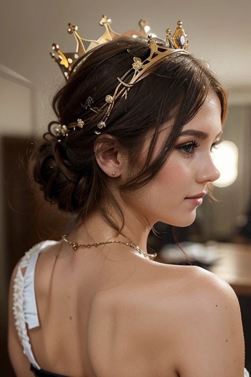 ((best quality)), ((masterpiece)), (detailed), a perfect face goddess in an oversized dress walk in the library, necklace, earring, bridal bun hair style, sit in the room and look out the window, sunset, not posed, snapshot, candid, natural photoshoot, real skin texture, ultra sharp, pay attention to the detail of the face finger and hair, detailed detail,