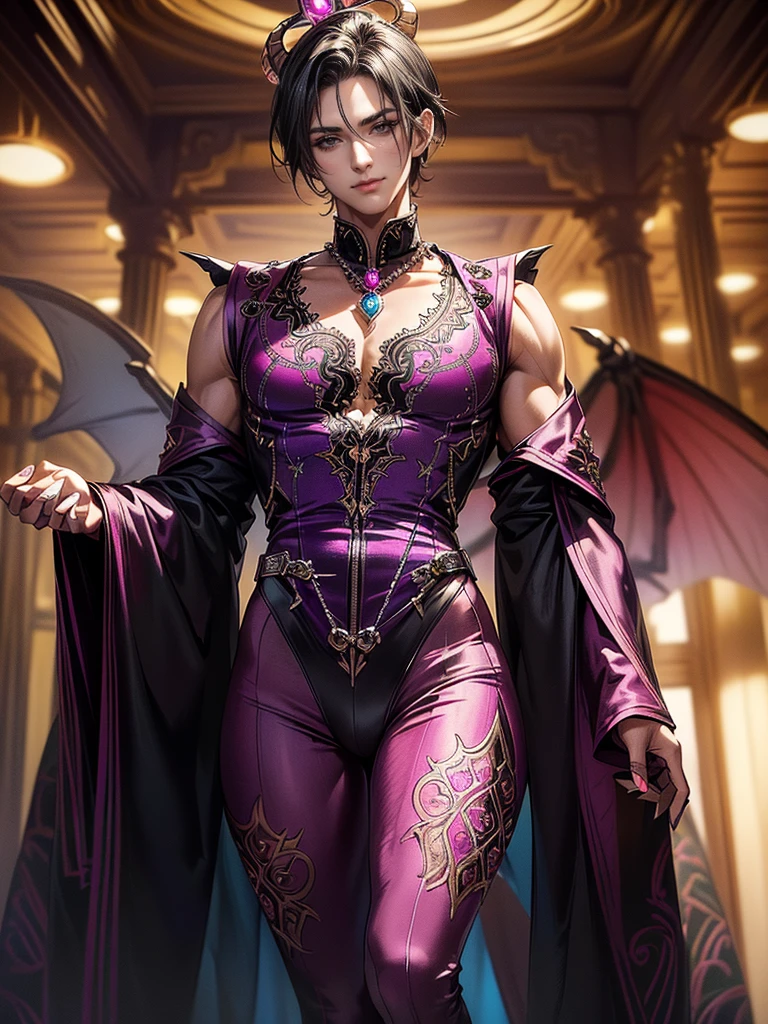 1girl, ((muscular body:1)), intricate, kimono, (eyeliner:1.2), looking at viewer,jewelry, detailed background,huge breasts (masterpiece, high quality:1), full body shot, dragon tattoos, thigh slit