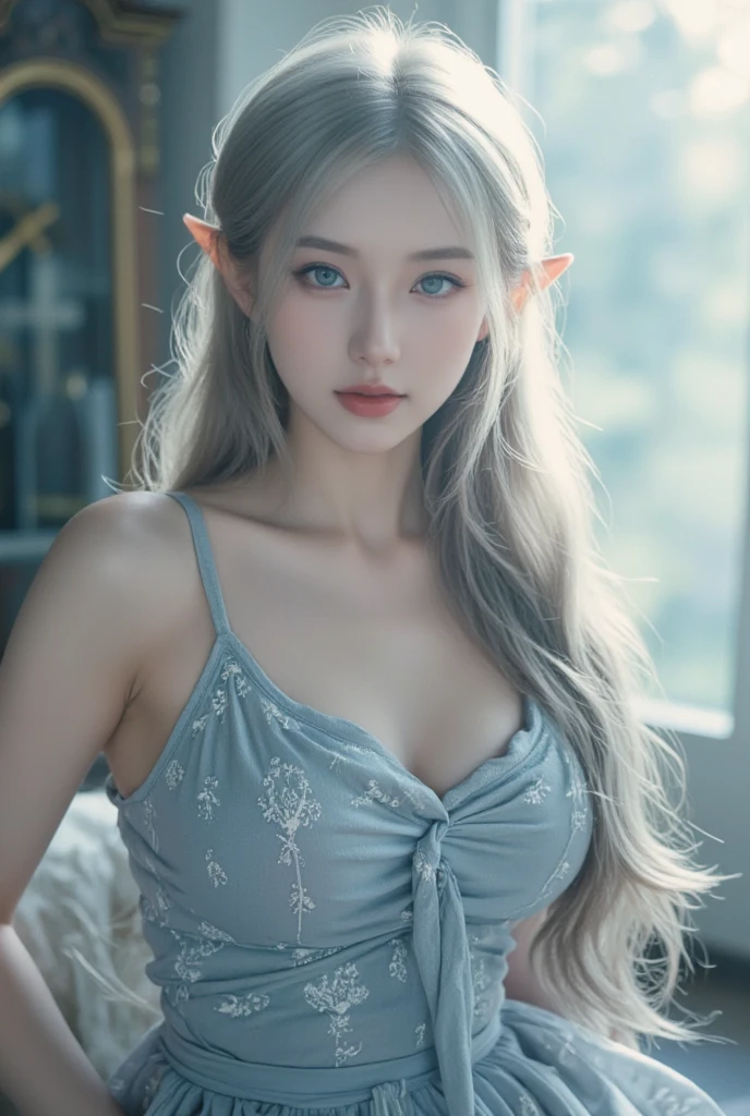 Artgerm (Stanley Lau) style, one piece (Wano Saga) style, best quality, ultra realistic, 16k, crazy resolution, UHD, ultra-detailed, detailed eyes, detailed skin, detailed hair, detailed face, detailed fabric, detailed texture , (1 beautiful elf woman, alone: 1.1), tall, beautiful young elf (Sharon Tate (The Fearless Vampire Killers), pale white skin, completely pale skin, realistic silver hair (shiny), long (silver-blond) hair, blonde gradient tones hair, two-tone hair, high ponytail, hair stick, ornament hair), (natural medium breasts:1.2), (sideboob:1.2), jewelry, (turquoise eyes), cowboy shot, V-shaped green eyes, ((hourglass shape)), white cropped shirt , Blue denim mini skirt, Black stockings, (Blurred in vibrant cinematic light), warm atmosphere, Show all, ultra-detailed, fine details, (proportional) big hips, thick thighs, tall, Natural Color Lip, face with expression of pleasure and tiredness , different sensual poses at different angles, bedroom (blurred background)、20 years old、dream atmosphere