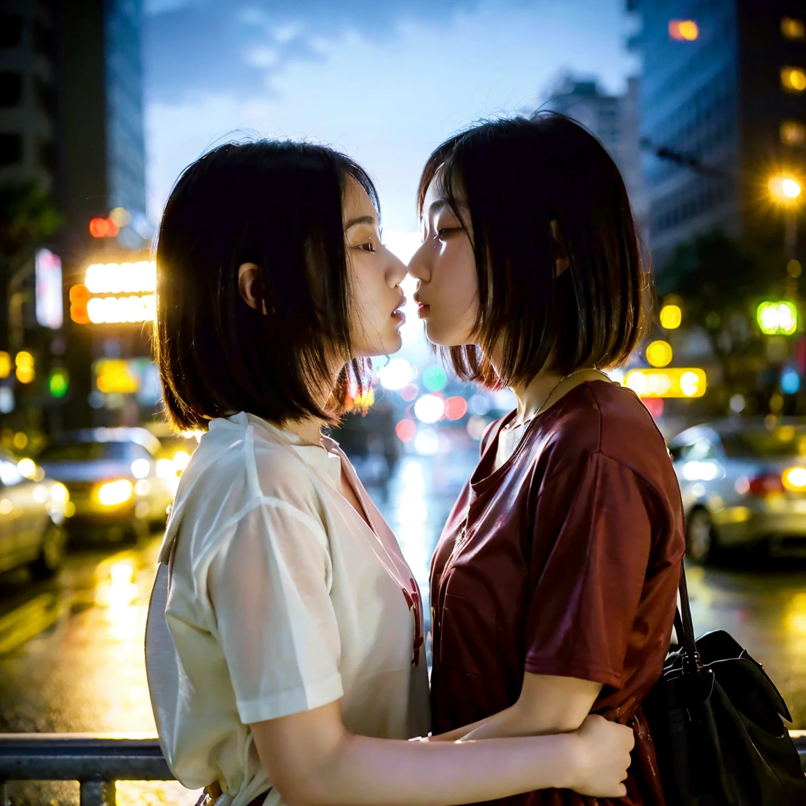 (Highest quality, 4K, 8k, High resolution, masterpiece:1.2), Very detailed, (Realistic, photoRealistic, photo-Realistic:1.37)、Two Girls、Japanese、Busy downtown area、Watched by a large audience、(Completely naked)、(Hair Color:Random)、(Hairstyle:Random)、((Kissing))、