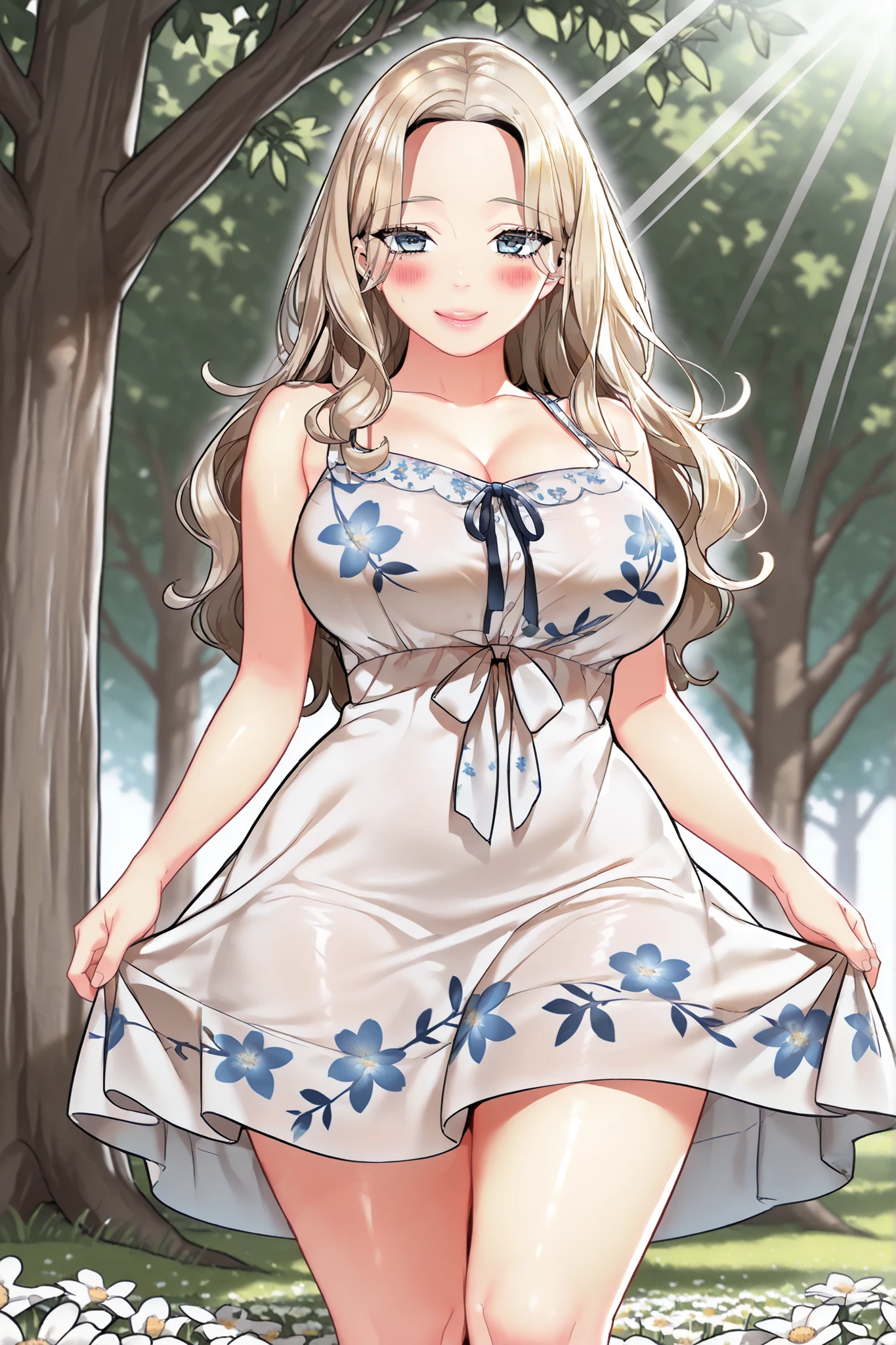 (masterpiece, best quality, ultra-detailed, 8k),
1girl, (solo:1.5), (voluptuous:1.3), (soft body:1.2), (natural curves:1.4),
(blonde hair:1.3), (long wavy hair:1.2), (bright blue eyes:1.3),
(round face:1.1), (rosy cheeks:1.1), (full lips:1.1),
(wearing summer dress:1.3), (floral pattern:1.2), (flowy fabric:1.2),
(standing in meadow:1.2), (sunlight through trees:1.3), (soft focus background:1.1),
(confident posture:1.2), (warm smile:1.2), (natural beauty:1.3)