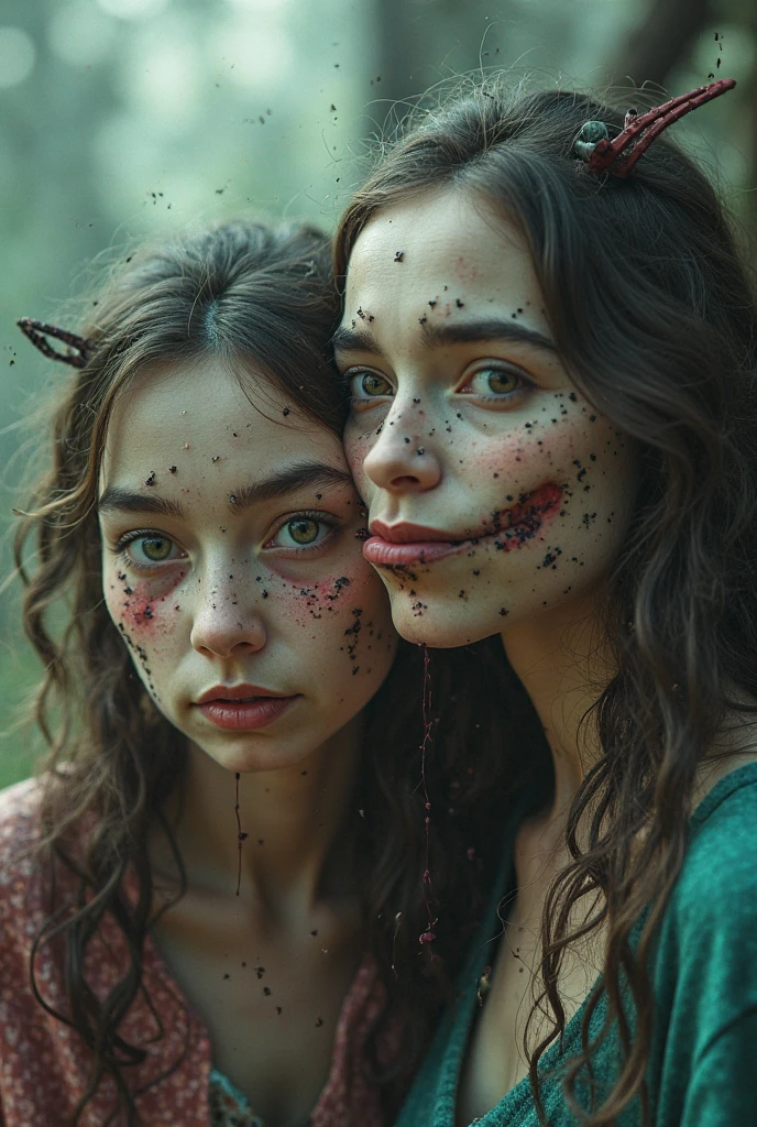Hyperrealistische Fotografie, two kissing women in white wedding dresses soiled with mud, die beiden Frauen umarmen sich innig, offener Mund, knallroter Lippenstift, oily, shiny skin, high heels smeared with mud, chocker mit Schlamm verschmiert, Décolleté smeared with mud, Schlammspritzer im Gesicht, das Gesicht ist mit Schlamm verschmiert, 30-year-old women smeared with mud, Lena Meyer Landrut, unterbrust corset mit Schlammspritzer, schwarze lockige Haare mit Schlamm verschmiert, das Korsett ist mit Schlamm verschmiert, High quality, realistische Beleuchtung, Bildmitte, 8K, HDR, BDSM, medium breast size, lange Beine, professionelle Fotografie einer Frau, natural skin texture smeared with a lot of mud, 4K-Texturen, Adobe Lightroom, Fotolabor, HDR, kompliziert, elegant, sehr detailliert, scharfer Fokus, wahnsinnige Details, komplizierte Details, hyperdetailliert, Helles Kinolicht, Außenatmosphäre, Kinn hochgezogen, (exponierter Bauch: 1,8 ), Absorption from the whole body with high heels