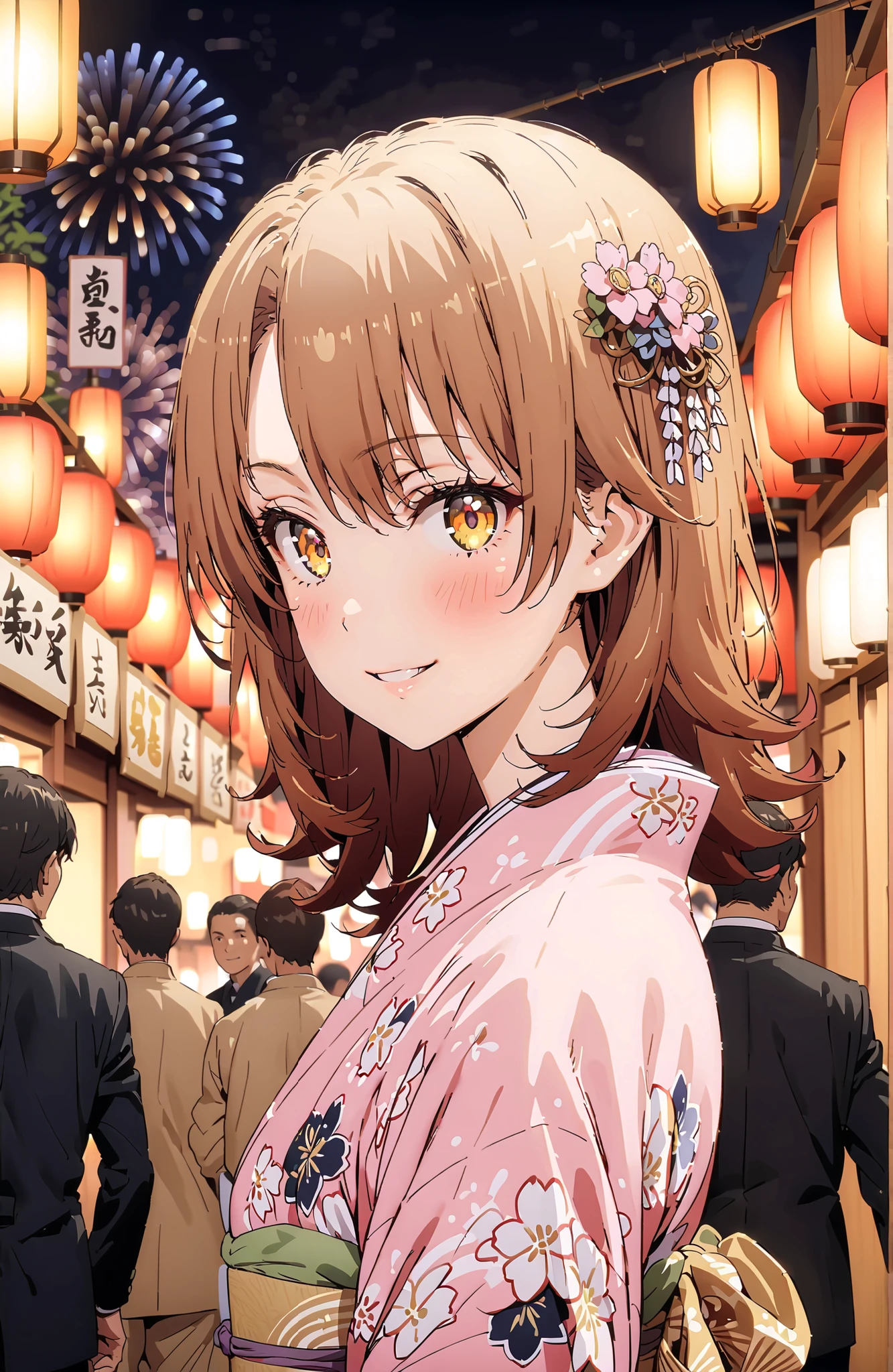 Iroha Isshiki, brown hair,brown eyes,half up do,short hair,flower hair ornament,Pink floral kimono,Light up fireworks,Japanese stalls ,Red Lantern,smile,blush,grinning,crowd,full bodyがイラストに入るように,
break looking at viewer,full body,
break outdoors, Japanese Festival,
break (masterpiece:1.2), best quality, high resolution, Unity 8Kの壁紙, ( illustration :0.8), (beautiful detailed eyes:1.6), highly detailed face wearing black, perfect lighting, VERY DETAILED CG, (perfect hand in h, perfect anatomy),