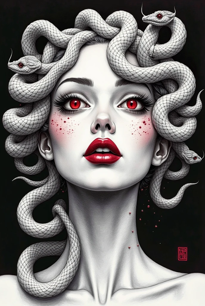 Vampire Medusa, (Vampire Fangs), hair is composed of countless small crimson snakes and dressed in white and red dress-armor, graceful and deadly, masterpiece, best quality, in ink art style