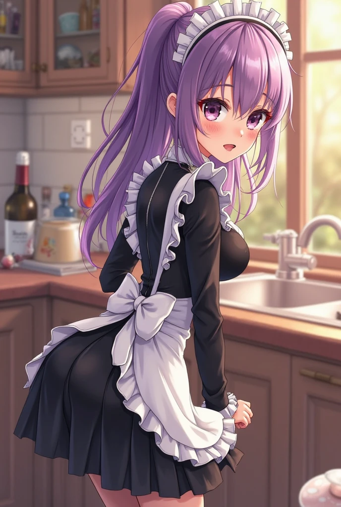 Young woman, maid costume, tanned skin, disgust on face, pumped body, naked tits, squeezing tits, bottom view, medium breasts, purple eyes, hands holding boobs