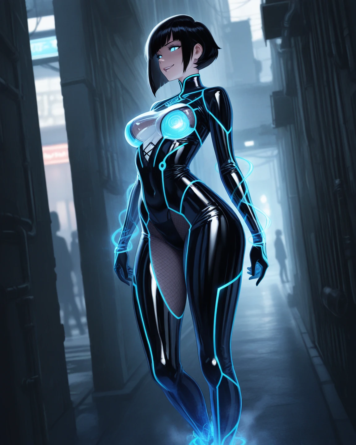 sexy woman in a transparent bodysuit, see-through, standing, bob cut hair, standing, blue eyes, black bodysuit with hex pattern, net, armour plating, large breasts