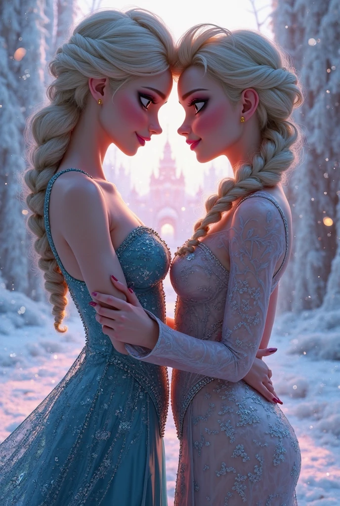 Closeup, A stunning portrait of Elsa and her sister Anna touching each others breasts, kissing, French kissing, tongues touching, they are kissing, young and beautiful, hyper realistic, real portrait, backlit, exquisite features, cleavage, Elsa is showing her vagina to Anna and asking her to lick her vagina, she is inserting his fingers in her vagina under her skirt, she is fingering her, Elsa is in ???????