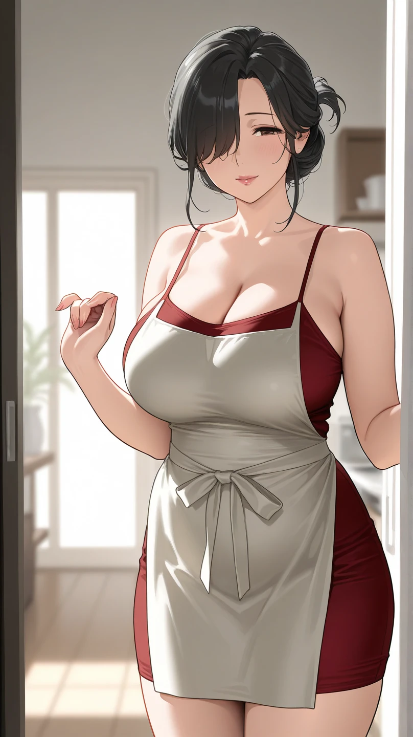 Asian woman, 50 years old, beautiful, realistic, exposed breasts, ponytail, high-resolution, standing in kitchen, looking longingly at the viewer