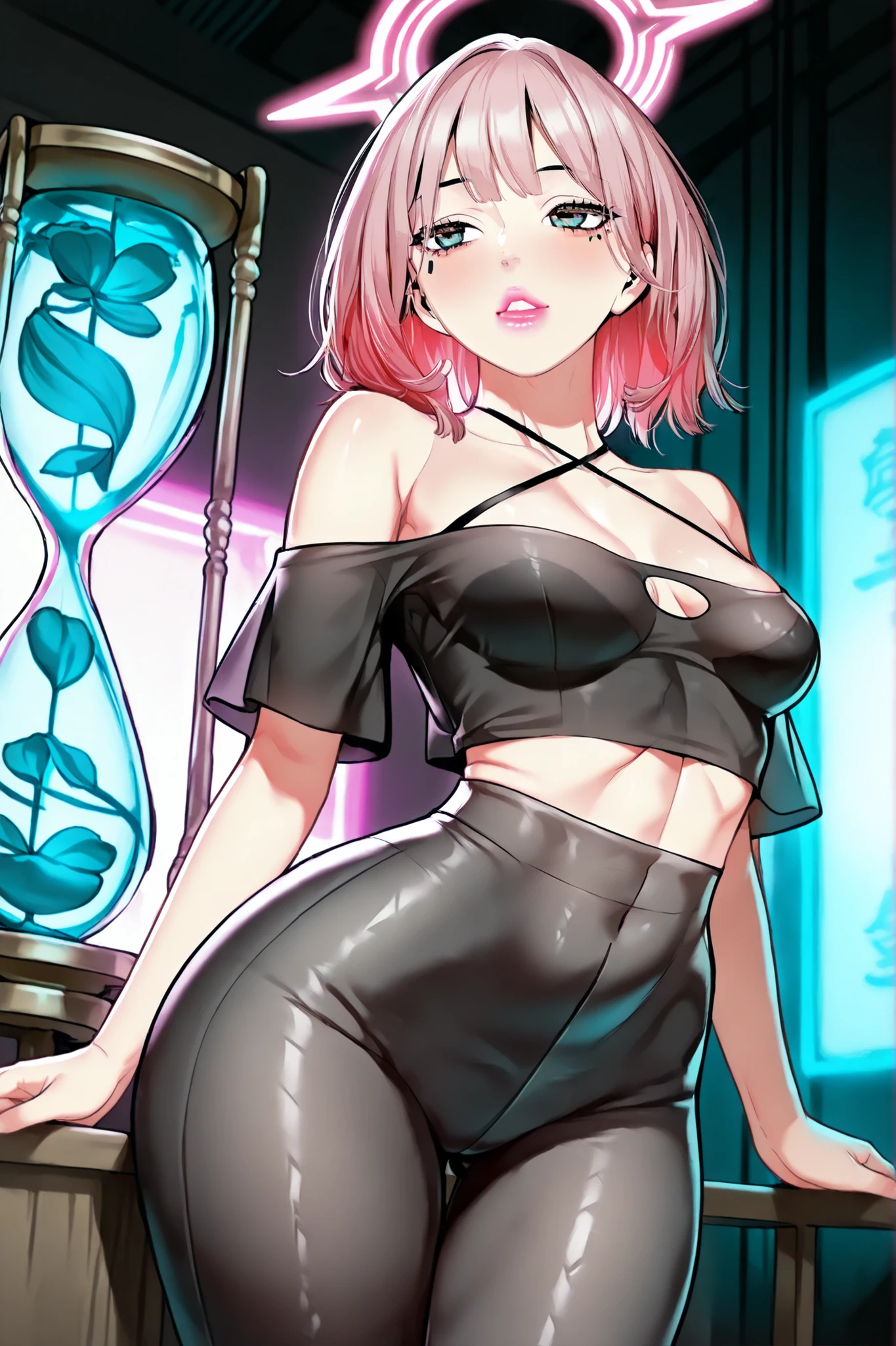 (masterpiece, best quality, ultra-detailed, 8k),  
1girl, (neon pink hair:1.5), (artistically dishevelled:1.6), (chaotic yet silky:1.4),  
(asymmetrical lengths:1.3), (criss-cross strands:1.2), (neckline layers:1.3), (deeper pink highlights:1.2),  
 (Asian features:1.3), (almond eyes:1.4), (blue irises with pink halo:1.5), (pink lips:1.3),  
 (petite B-cup breasts:1.3), (flat stomach:1.2), (hourglass waist:1.4), (wide hips:1.5), (toned thighs:1.3),  
 (off-shoulder top:1.4), (black bra visible:1.3), (tight yoga pants:1.5), (exposed midriff:1.2),  
- **Pose:** (over-the-shoulder glance:1.4), (slightly arched back:1.3), (alluring posture:1.5),  
(cyberpunk edge:1.2), (neon lighting:1.3), (holographic accents:1.1)  