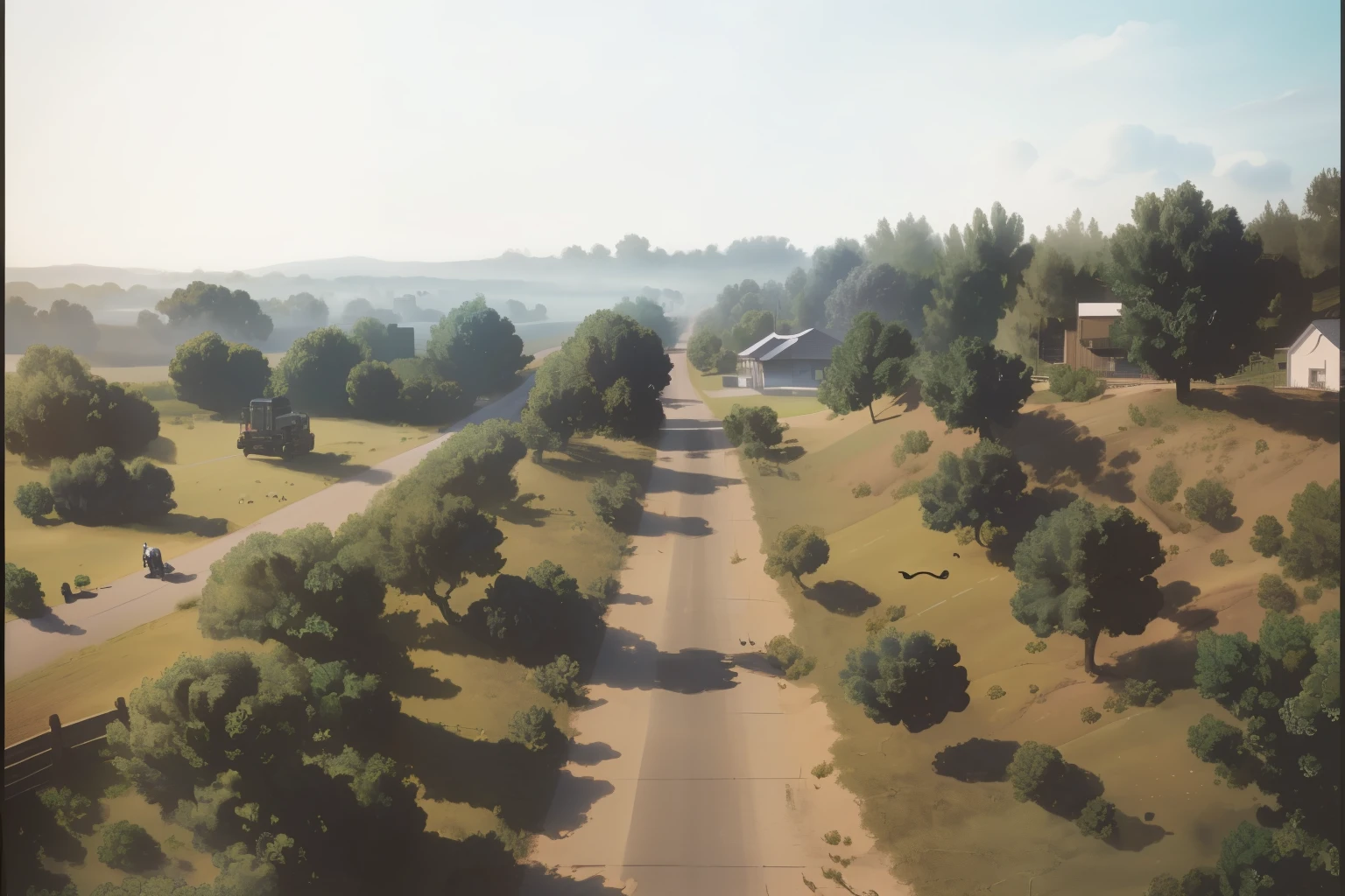 nice image, details, generate from original image, high quality, beautiful mid afternoon time, nice sky, nice clouds, nice trees, nice road, cows, nice view, nice perspective, nice composition, nice picture, grass, bushes, small road, summer season, fog