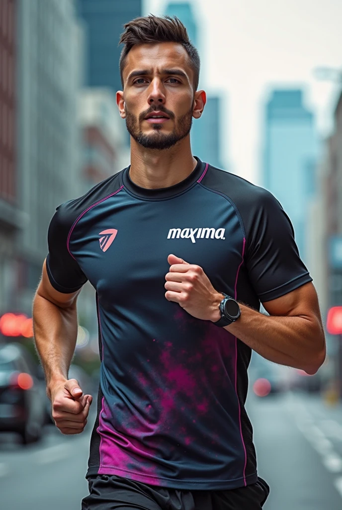I want a sleeveless running shirt that starts from the bottom with a pink color and fades out in pixels upwards until it ends with a black color.