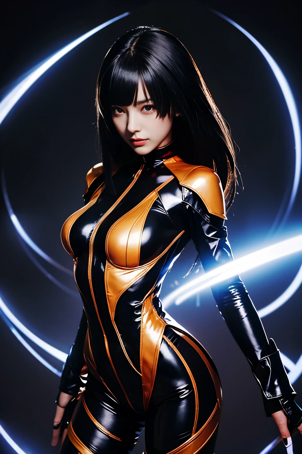 A striking tokusatsu villainess with a cockroach-inspired design, blending eerie realism with a seductive, glossy aesthetic. She faces forward with a wicked smile and half-closed eyes, exuding confidence and menace. Her deep, glossy brown bodysuit mimics a cockroach’s exoskeleton with segmented plating, vein-like patterns, and a chitinous sheen, enhancing her inhuman allure.
Her long gloves and tights glisten like an insect’s body, while translucent, veined cockroach wings extend from her back. A sinister emblem buckle and antenna-like helmet details complete her look. Set in a shadowy industrial lair with reflective surfaces, the interplay of darkness and scattered light highlights her imposing, front-facing stance, emphasizing her eerie yet seductive presence.