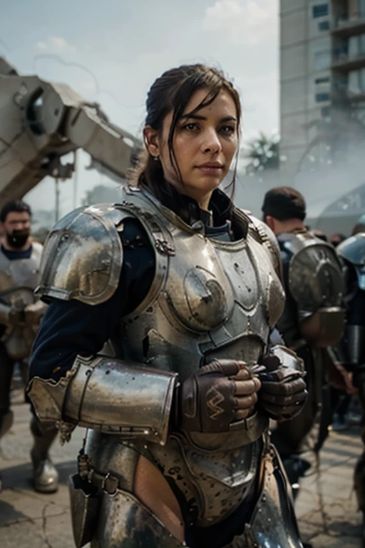 female medieval soldier, attractive 26 year old woman, broken armor, battlefield photography, sexy, wartime photo, medium shot, (badass:1.2), sweaty, intense, dirty, looking down at viewer, torn shirt, threatening, warfighter, (battleworn:0.55), sword, pointing, reaching, glaring, exposed breast, from below, victorious, standing tall, backlit, (heroic:1.2), warn