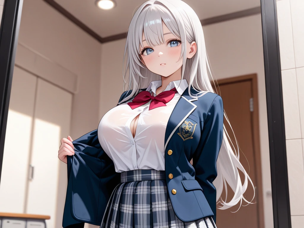White hair,Hinata Hinata,Wearing a high school girls' uniform,Bigboobs,Black stockings,Shy face,On the way home
