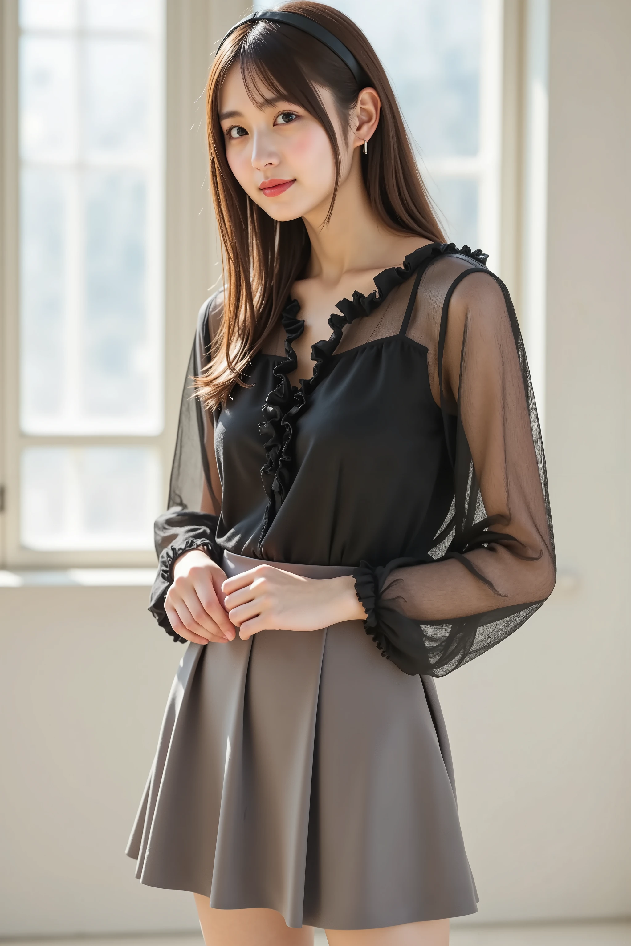 firm breast, by adjusting the framing so the subject's full head is visible within the composition, with the crop showing only from just above the bust to slightly above the top of the head. Ensure there is a comfortable amount of background space above the head to establish spatial context. A chic and modern outfit combining sheer textures and muted tones. The top is a black, semi-transparent blouse with a high ruffled neckline and delicate mesh sleeves. Ruffled detailing outlines the neckline and cutouts at the shoulders, exposing a hint of skin and adding elegance. The sleeves hang in light folds, creating an airy contrast to the solid bodice. The mesh fabric catches natural light, casting shadows on the skin and enhancing transparency. The blouse is tucked into a high-waisted A-line skirt in a muted grey tone. Pleats flare gently from the waistband, and the light sheen reflects daylight subtly. Its semi-sheer outer layer adds movement, while a darker lining gives coverage and shape. Sheer black tights extend the silhouette smoothly, matched with glossy black heels featuring a pointed toe. Her long curls fall over her shoulders, parted off-center. A black satin headband holds the hairstyle in place, catching soft reflections. Stray strands frame her face, contributing to the refined look. The background is a bright, minimalist interior with white walls and a glossy tile floor. Large windows with sheer curtains diffuse daylight into an even glow. Filtered light casts a luminous wash across the room, forming soft shadows and highlights. Faint reflections shimmer on the tile, reinforcing a sense of calm and cleanliness. The atmosphere is serene and composed, emphasizing open space and soft illumination. The simplicity of the setting and the subtle interplay of textures and light enhance the polished, quiet sophistication of the outfit.