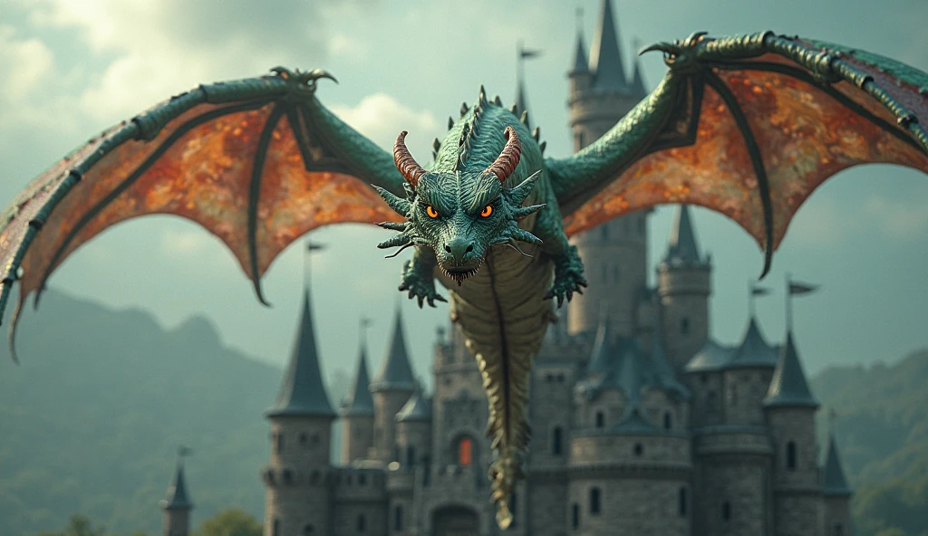 green dragon, flying, sky, yellow eyes, teeth, wings up, tail, horns, solo, couds, letterboxed, <lora:WarcraftCinematic_r1:0.8>, score_9, score_8_up, score_7_up, zPDXLrl