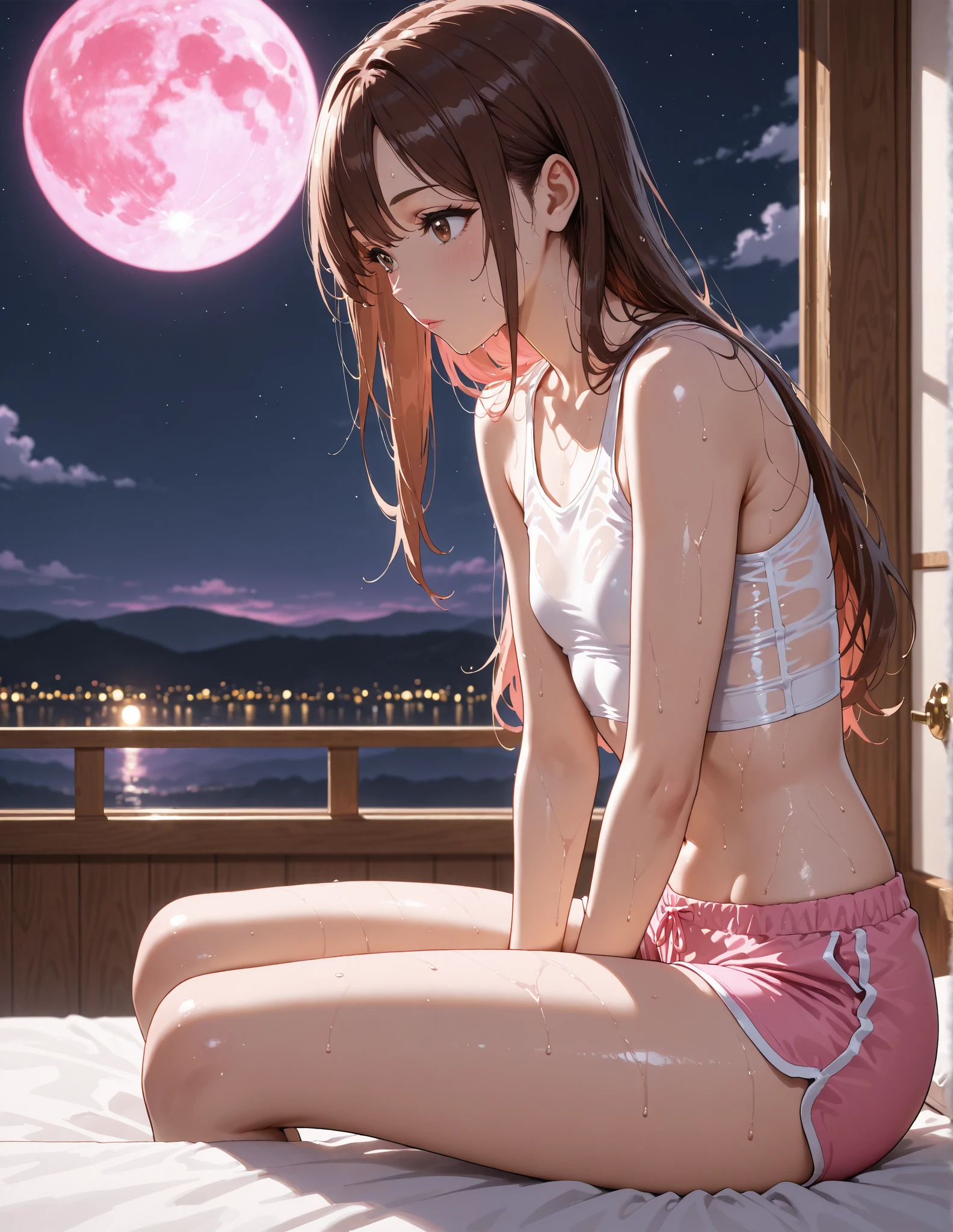 realistic, 1 girl, long hair, red eyes, glowing eyes, tank top, mini skirt, big smile, blush, night, flowers, moon, camel toe, wet, naked girl,