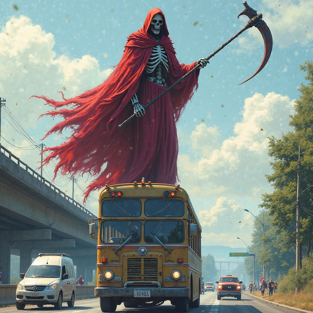 Create a vintage poster style art, old movie posters, from the following scene: With the name still echoing in your mind, Antunes took a hesitant step towards the bus, and as if answering your call, someone got off the bus. It was the most terrifying figure Antunes had ever seen in his life.: a decaying skeleton, with the flesh still alive coming off the bones, a red so intense that it seemed to have been dyed the same damn shade as the bus. The darkness in the empty eye sockets was so desperate that Antunes felt an urge to run away.