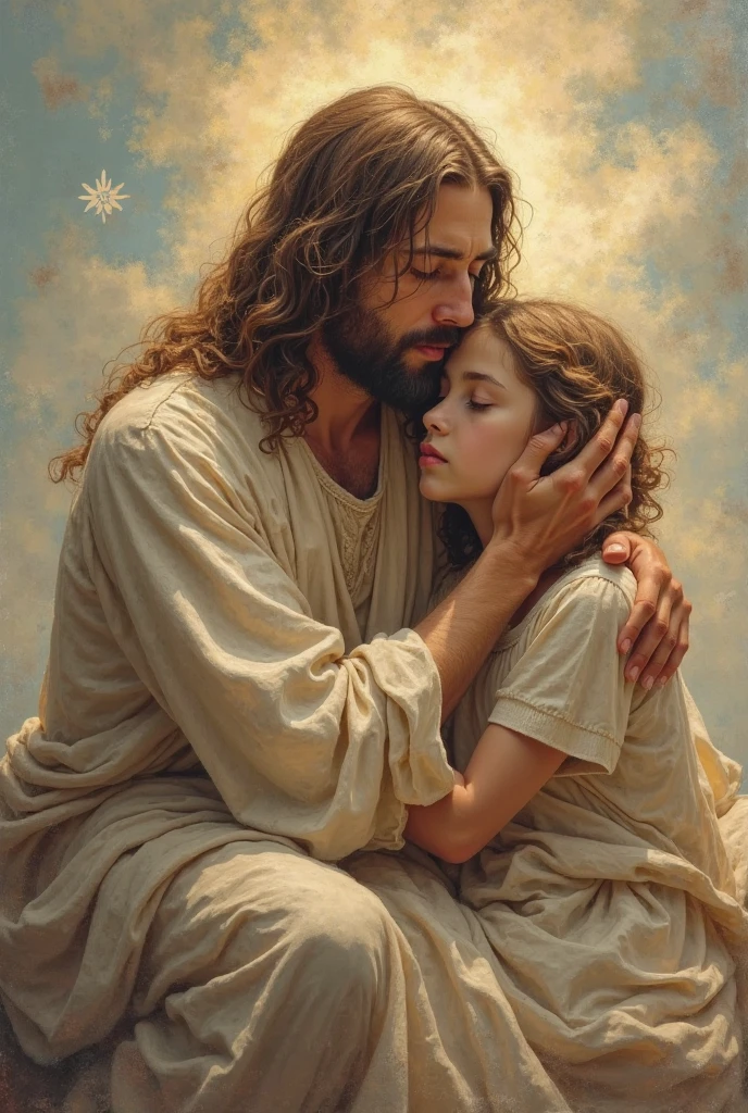 Crie uma imagem poderosa e emocionalmente carregada, em estilo de colagem ultra realista, depicting Jesus standing behind a child on his knees, in a position of prayer. Detail the delicate features of Jesus' face, with gentle eyes and calm expression, irradiando uma aura divina. the child, with hands clasped together and head tilted slightly, demonstrates devotion and faith. Add symbolic elements, como uma luz suave emanando de Jesus, representing his divine presence, and flower petals falling from the sky, symbolizing the blessings poured out on the child. The background can be composed of a celestial scenery, com estrelas brilhantes e nuvens suaves, conveying a sense of peace and spiritual connection.