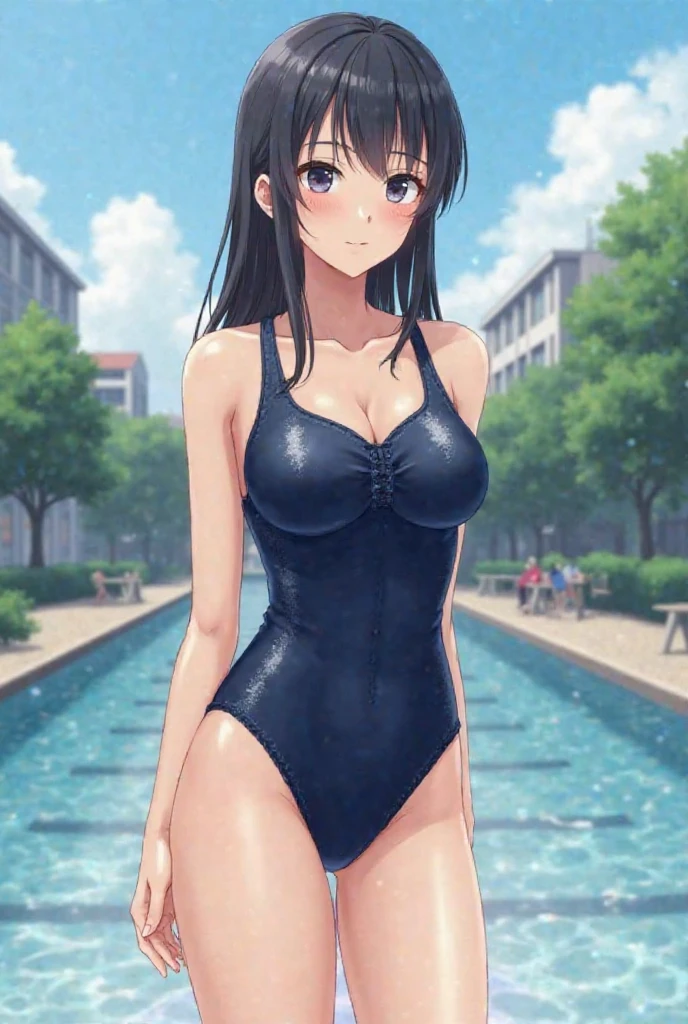 Nagatoro Hayase, obra maestra, retrato, arte oficial, 1girl, cabello negro, brown eyes, brown skin, feliz, Apoyado en un puente, parque, trees,(((only swimsuit turtleneck))) ,(((swimsuit only ))),((sin mangas)),