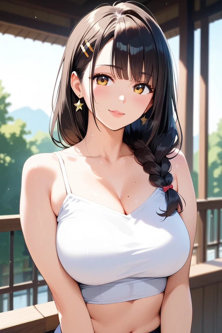 (highest quality、High resolution、detailed background、8K)、Beautiful and dense face、beautiful and smooth skin、skin texture、professional lighting、Beautiful girl in her 20s、two women、brown hair、braided ponytail、(huge breasts:1.3)、(realistic:1.2)、perfect body line、No bra、plump nipples、
Enjoy a romantic dinner by candlelight、sexy atmosphere、
Confidence and Charm、Express yourself with confidence、Charm、
Refreshing and feminine style for spring、
Sheer material is transparent and gives a light and feminine impression.、
If you want a sheer top to be the focal point, choose a simple camisole or tank top in a similar color as an inner layer.、
If you want to enjoy sheerness, pair it with an inner layer with lace or embroidery details for a subtle accent.、
For spring, choose sheer tops in pastel or bright colors to bring out the seasonal feel.、
Choose a design with a high neck or ruffles for a more feminine look.、
Pair it with a pleated skirt for an elegant and dynamic look.、
On chilly spring days, it's a good idea to wear a cardigan or a light jacket.、
We also recommend layering with a shirt or blouse made of sheer material as an outer layer.、
Add a simple necklace or earrings for a sophisticated look.、
Choosing accessories in metallic colors will give you a trendy look and add to the spring feel.、
Wear nude sandals for a light look on your feet.、
looking at me with a very happy expression、Have a slight blush、smiling、sexual expression、cute