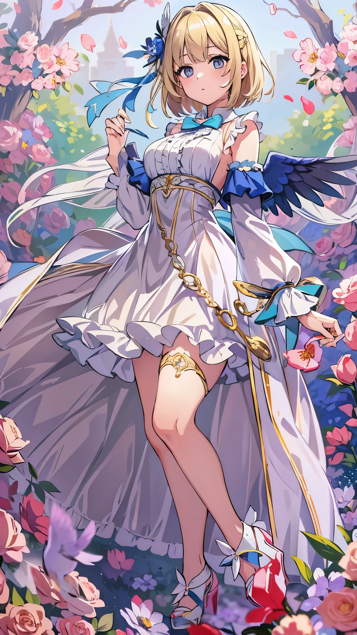 With high definition images,One girl surrounded by flowers , blonde hair , Grass background, have , dress, Blue footwear, Wings, simple background, signature, flower, Magician Outfit , WIDE SLEEVE , Long Sleeve , face, animal, Red rose flower, Alone, whole body, bird, watch viewers, high heels, I put my hand on my cheek, holding hands on her face , Frills, bow, bangs, ribbon, Bell, blue head ornament, +_+, socks, short hair to be shouldered, Grey Eyes , shoes, Blue Nail, Feathered Wings , 青bow