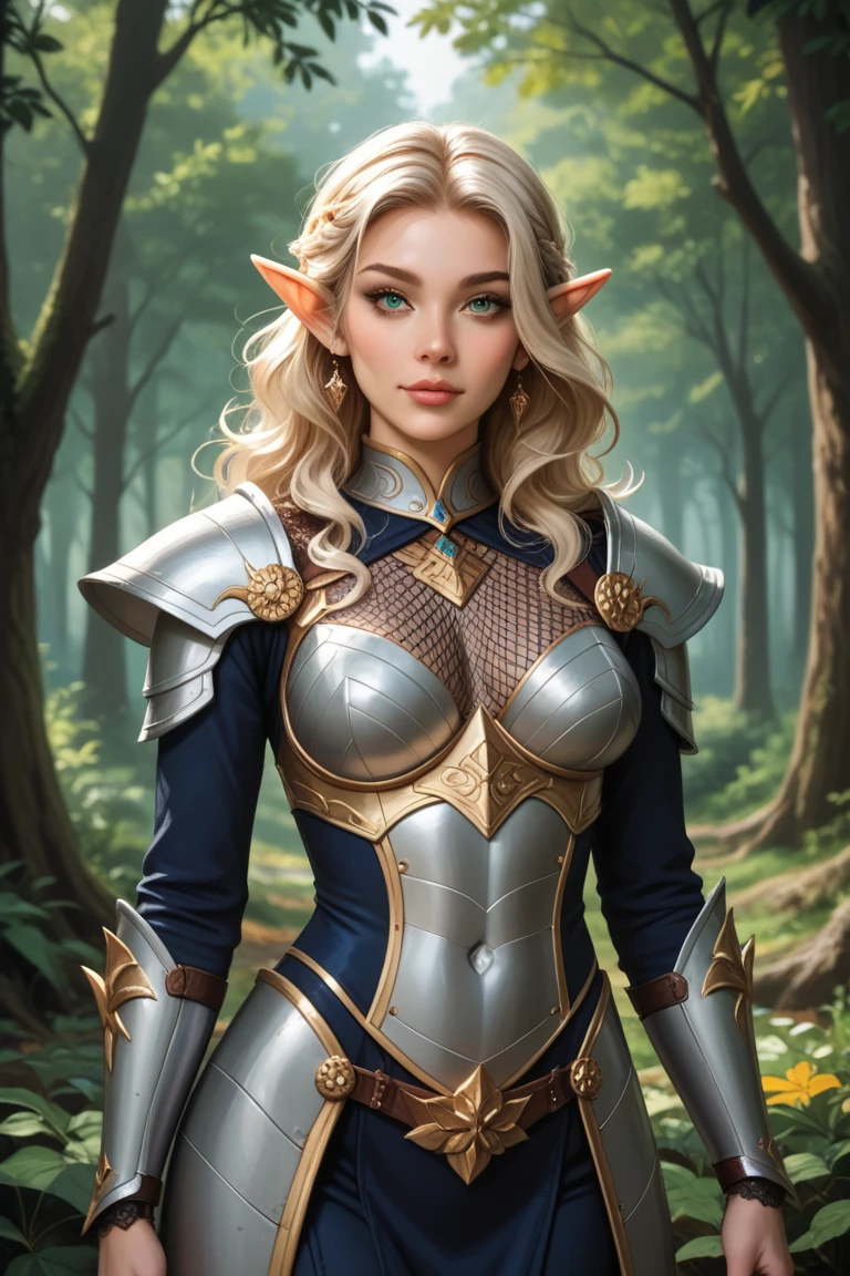 Arafed woman with long blonde hair, in armor posing in a forest with a sword, elf seductive princess knight, a sexy blonde warrior, 8k fantasy art, fantasy warrior, gorgeous female paladin, Tyler Edlin fantasy art, wlop rossdraws, paladin woman fantasy, a beautiful woman knight, fantasy woman, epic fantasy art style hd, HD Fantasy Art