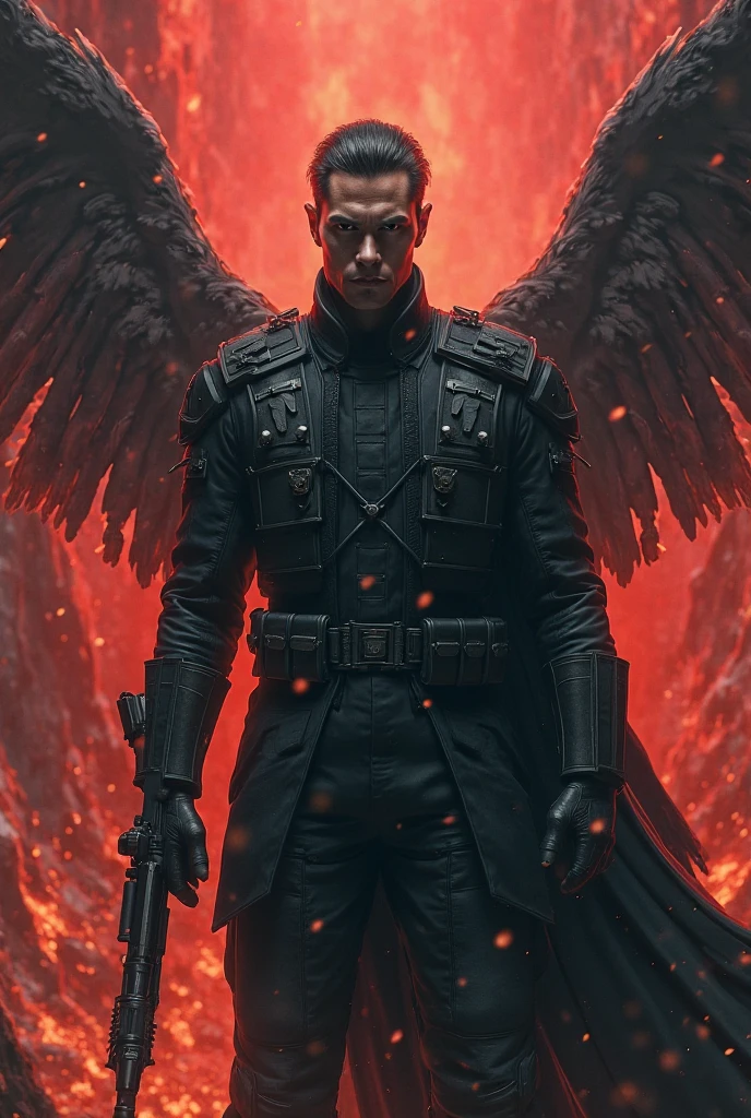 A modern-style Red Eagle superhero with a Nazi aesthetic, sporting a sleek and masculine short white haircut. A eagle logo is on his chest and a Nazi logo on his belt. 
