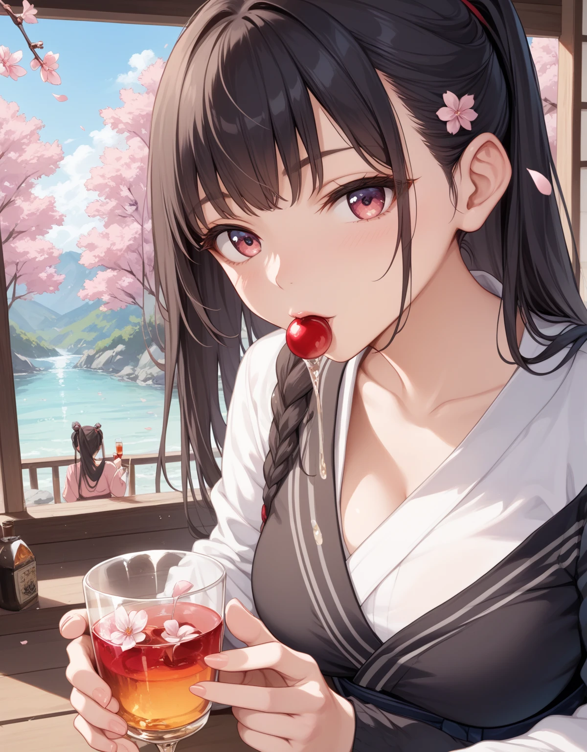 ((Highest quality)), ((masterpiece)), (detailed), One person, sexy,Red sleeve、Oiran、Black Hair、She is wearing a hairpin and her hair is up-style、（No bra）、Big Breasts、Japanese、20th Generation、beautiful girl、In a Japanese-style room、Sitting、A little bit of white panties are visible、evening drink、She is holding a sake bottle and pouring sake for us.