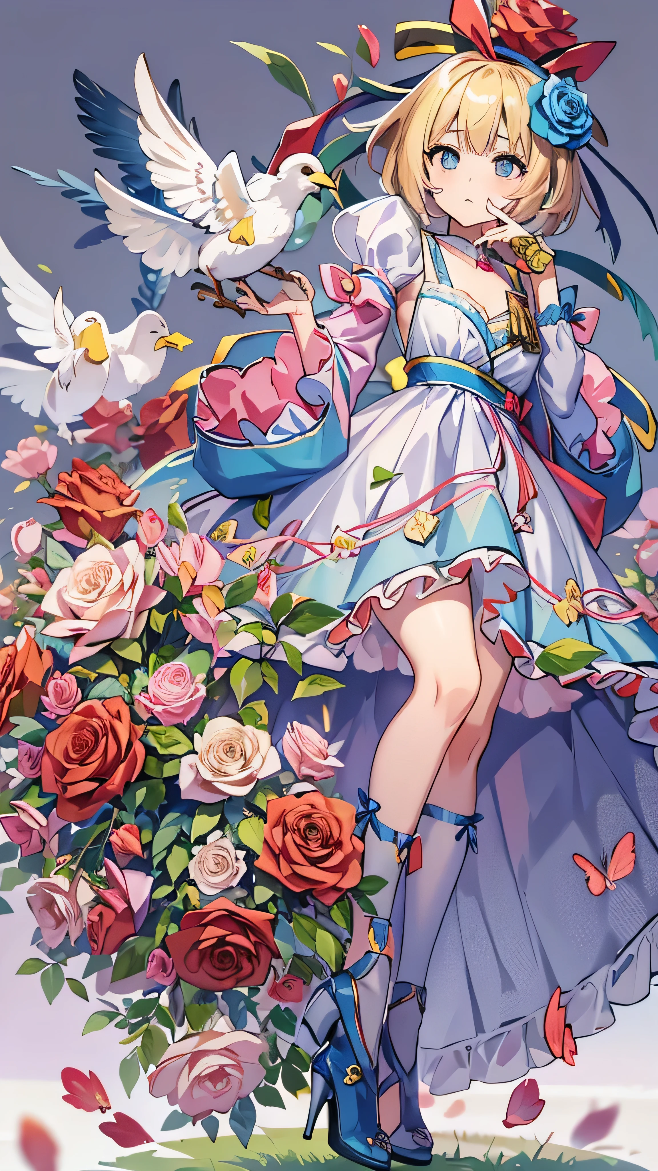 With high definition images,One girl surrounded by flowers , blonde hair , Grass background, have , dress, Blue footwear, Wings, simple background, signature, flower, Magician Outfit , WIDE SLEEVE , Long Sleeve , face, animal, Red rose flower, Alone, whole body, bird, watch viewers, high heels, I put my hand on my cheek, holding hands on her face , Frills, bow, bangs, ribbon, Bell, blue head ornament, +_+, socks, short hair to be shouldered, Grey Eyes , shoes, Blue Nail, Feathered Wings , 青bow
