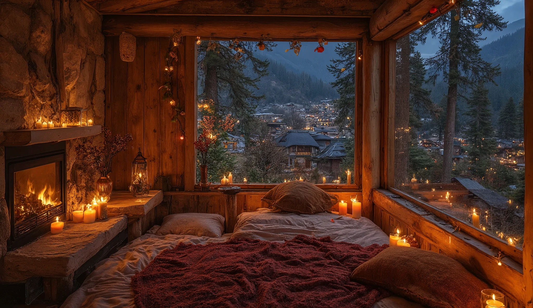 phòng cozy với lò sưởi và một chiếc giường với gối và chăn, cozy wallpaper, nơi cozy, phòng cozy , cozy environment,distant landscape painting with reverse view , warm natural lodge in light yellow tones , has a modern built-in fireplace thickened in the corner of the large window , Linen moon with warm dark orange tone mess vow , and many messy pillows in dark red , and there are many solid candles everywhere in the bright low cabin , seen from the window in the night view there are many sparkling houses with nole themed decorative lights of the Himalayan snow mountains in neutral colors , and pine trees surround the cabin cozy home background, cozy và tĩnh lặng, cozy, pleasant atmosphere , warm interior , không gian cozy, cozy and peaceful atmosphere, không gian cozy, relaxing concept , khung cảnh cozy, cozy enchanted scene, không gian thẩm mỹ cozy, warm living room, beautiful warm scenery