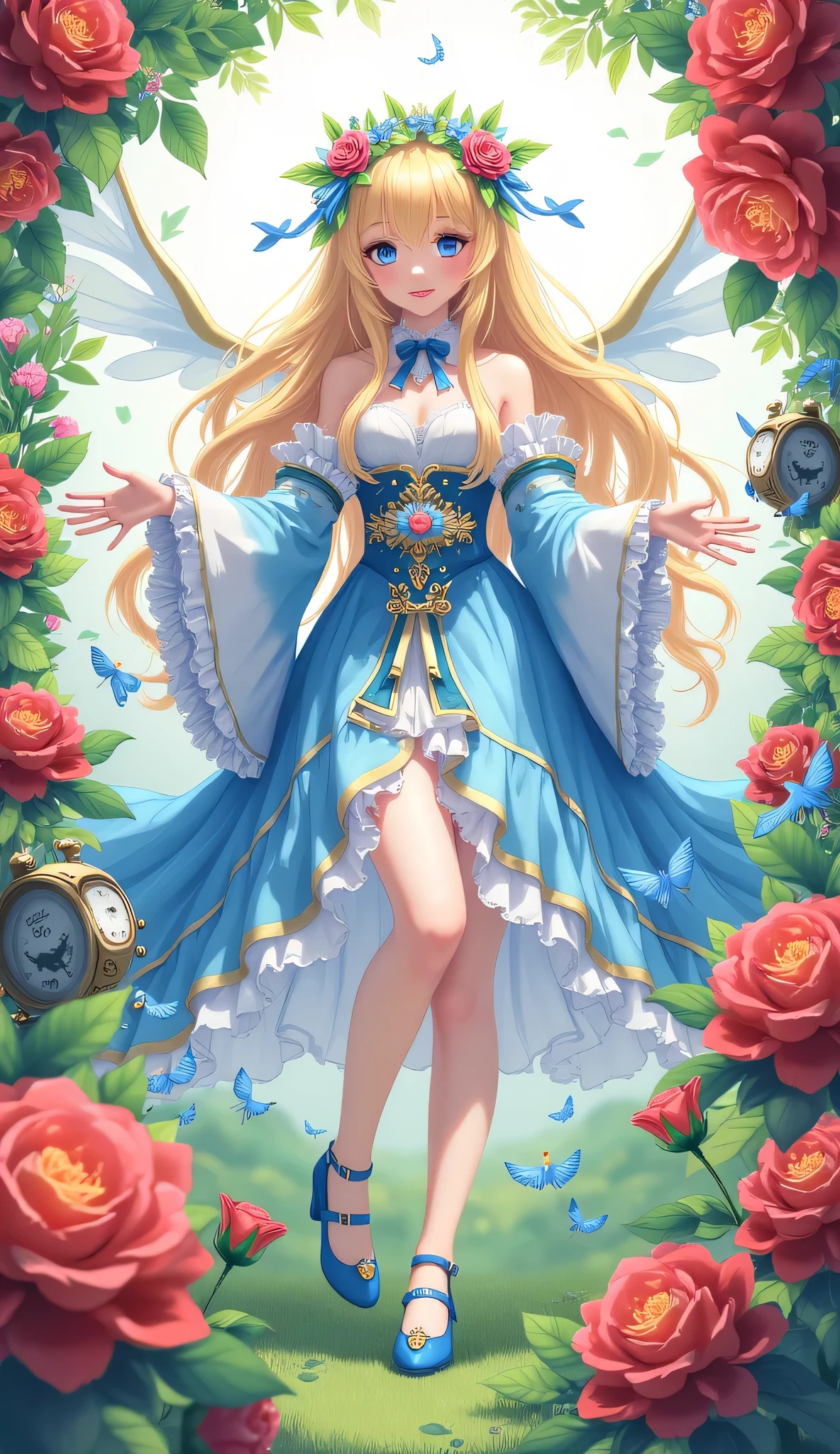 High Resolution Images、flowerに囲まれた一人の女の子 , blonde hair , Grass Background, real hair ornaments, dress, blue footwear, wing, simple background, signature, flower, Magician Outfit , wide sleeve , long sleeve , face, animal, 赤いバラのflower, alone, full body, bird, Watch viewers , high heels, 私は彼女のfaceに手をつないで、Put your hands on my cheeks, frill, bow, bungs, ribbon、bell、blue headdress、+_+、shoes下、short hair to hang on my shoulders、gray eyes on the back、shoes、Green Claw、Feather、青bow