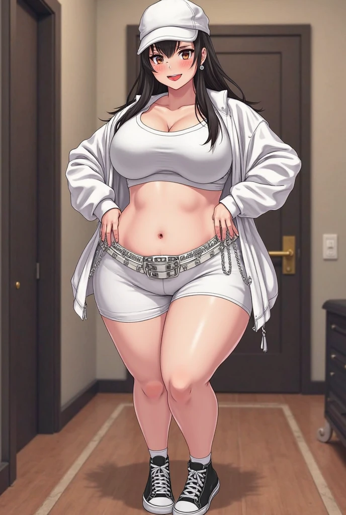 ((Best quality)), ((masterpiece)), (detailed), adult woman, white платье, sitting on the couch, Good shapes, wide hips, dark hair, Hair shine, confident facial expression , House, long legs, high, confident smile, European, the whole body is visible, life ball, Beautiful face, long hair, gorgeous eyes, big belly, smooth belly, swollen belly, woman standing on the left, Inside the room, Medium breasts, White dress, spread your legs