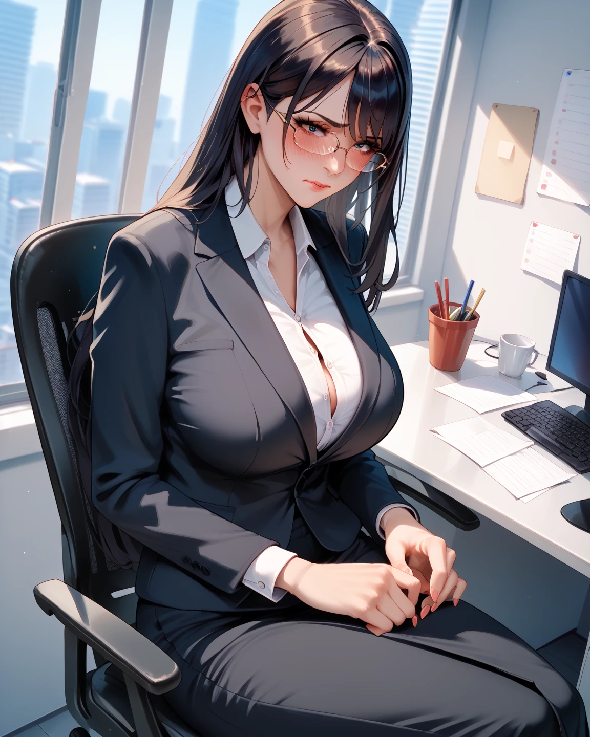 (table top:1.5), Highly detailed CG Unity 8K wallpaper,(realistic,Photoreal,surreal:1.5),(curve,model,charismatic:1.5),beautiful breasts,color_aberration,beautiful detailed shadows,beautiful eyes,beautiful body,beautiful skin,beautiful hands,(cowboy_shot:1.4),(enchanting smile:1.4),(sit on a chair,crossed legs:1.4),
(highest quality:1.3), high quality shadow, beautiful details, beautiful face, fine eyes, Depth of bounds written, High resolution, best shadow, best illumination, 1 girl, view viewer, black hair, dull bangs, long hair, dark blue eyes, shy, big breasts, mini skirt, blouse, blazer, pump, office lady, Glasses,cleavage