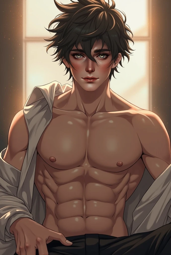1 man with tan skin, short hair exiting the shower, beautiful detailed golden eyes, muscular physique, water droplets on skin, steam, dramatic lighting, chiaroscuro, cinematic, photorealistic, 8k, best quality, ultra-detailed, hyper-realistic, dramatic atmosphere, cinematic lighting