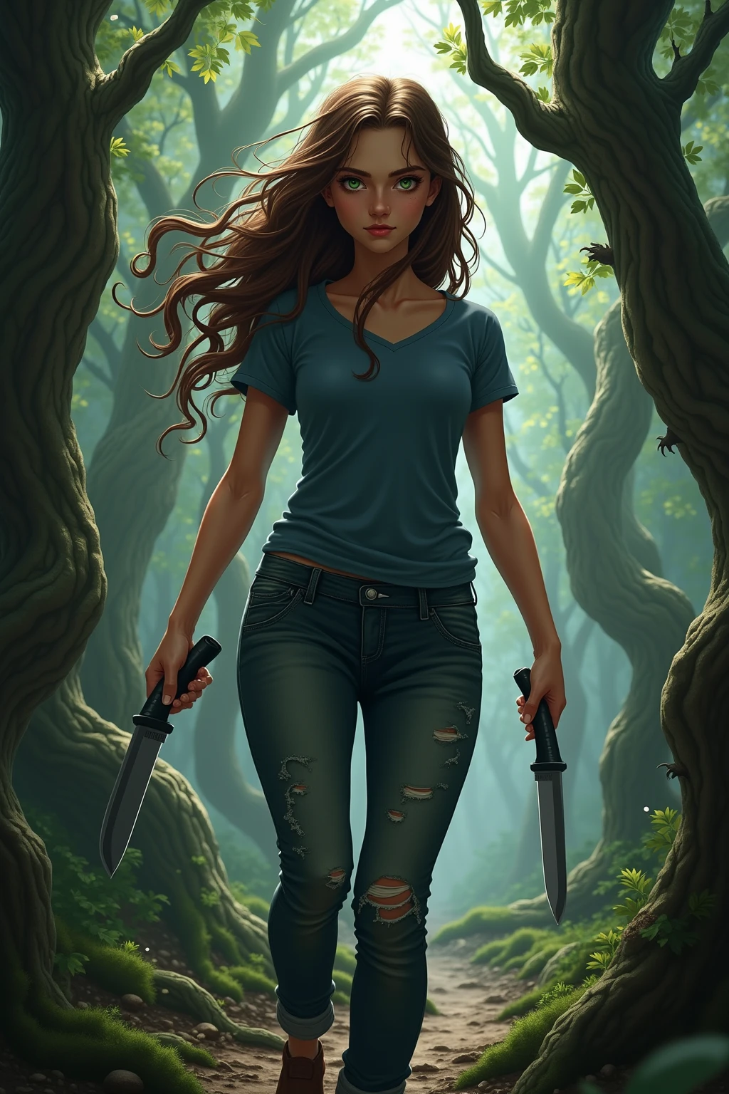 Wendy Corduroy, BREAK: long straight reddish brown hair, fitted_open_green_flannel over shirt (3/4 cropped), tight_white sports bra under shirt, (midriff showing) , skin-tight jeans, (thigh cutout) , loose leather work boots, BREAK: slim and toned build, small bust, strong glutes, strong shoulders, crooked smile, freckles, green eyes, BREAK: holding wood axe, action poses, BREAK: full length portrait, wide angle, mystic forest setting, energy pouring off her body, BREAK: 16, absurdres, masterpiece, best quality, digital art, strong shadows, detailed face, accurate hands, ((perfect hands)), correct anatomy, strong_negative