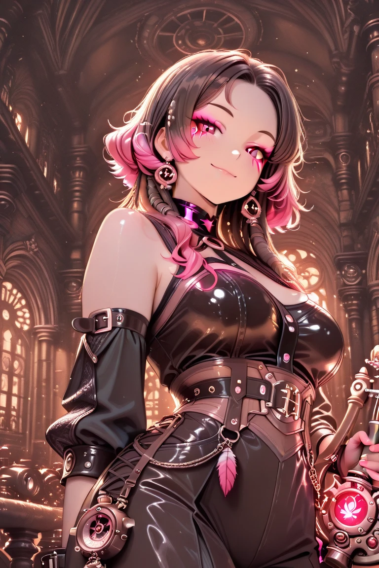 1girl, asymmetrical_hair, ((brown hair)) , eyeshadow, jewelry, lips, long_hair, looking_at_viewer, makeup, mole, mole_under_eye, nose, piercing, realistic, solo, stud_earrings, , pink atmosphere, pink lips, happy, huge hair, lots of hair, big boobs, , juicy lips, detailed eyes, random pose, church, nun clothes, cult clothes, dark, fire, red eyes, smiling, tattoos, wings, wind, Tifa lockhart, arms out stretched, smiling softly, facing forward