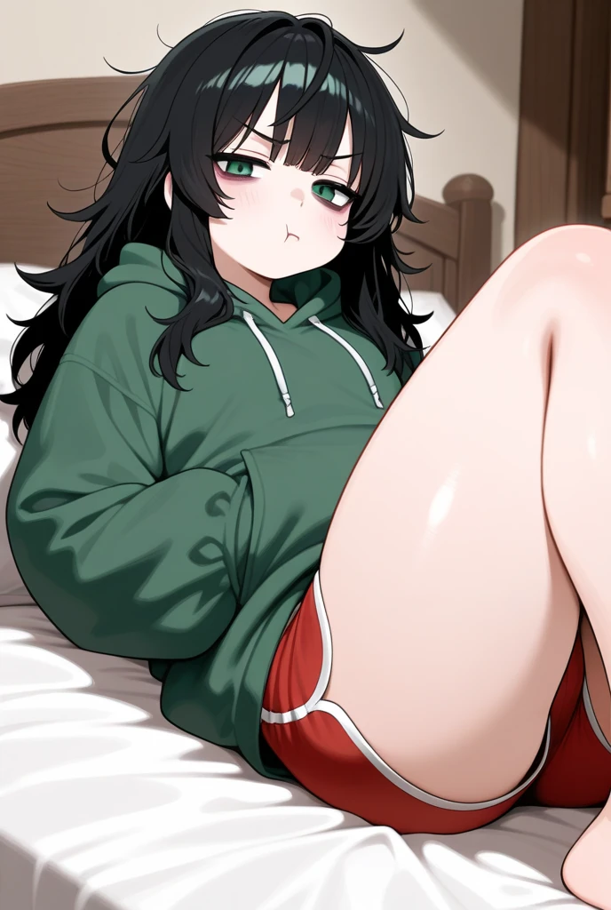 mature women, hair over one eye, brown hair, green eyes, Tomboy, darker skin, lying on stomach, bed, books lying around, black hoodie, sweatpants, large breasts, looking at viewer