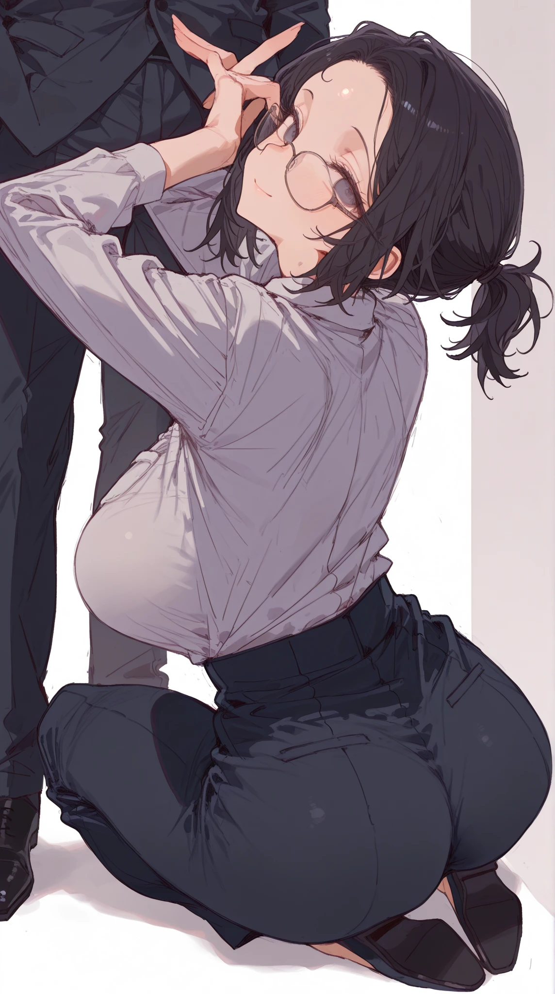 best quality, masterpiece, ultra-detailed, high quality, highres, takeda hiromitsu style, 1girl, mature female, brown hair, low bun, beautiful, beautiful and perfect face, open mouth, (white t-shirt), score_9_up, score_8_up, score_7_up, source_anime, masterpiece, perfectly detailed, detailed face, detailed eyes, beautiful eyes, Smelling Penis, smelling_penis, 1girl, hetero, 1boy, bulge, smelling, blush, hand on another's head, male underwear, toujou nozomi, erection under clothes, collarbone, sweat, from side, solo focus, parted lips, white background, penis on face, simple background