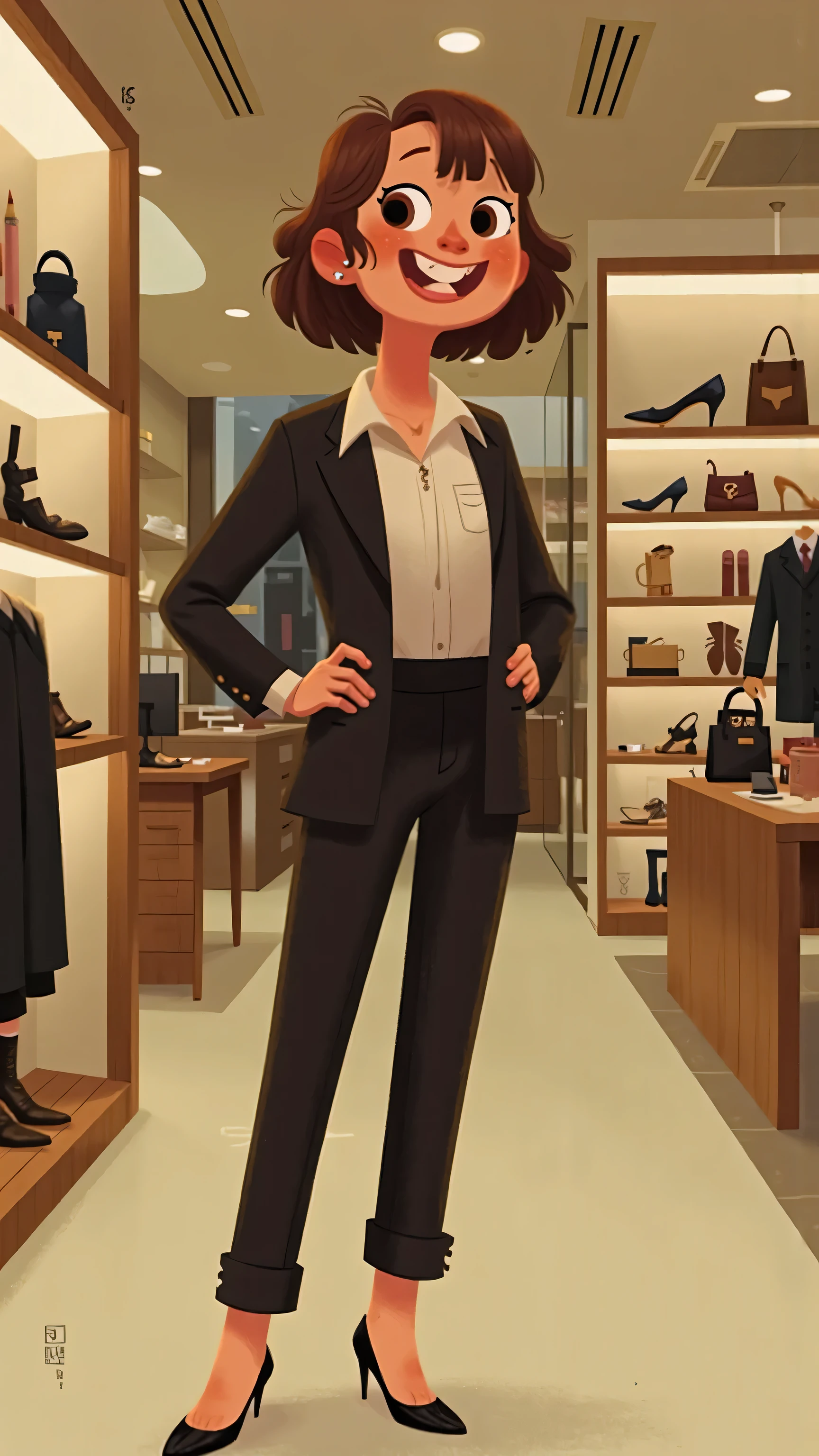  frontal footage ，panoramic，A female shopping guide is standing in the store（dark brown short hair，Brown eyes），wearing a black blazer and white shirt，black suit pants，black high heels。bow at a 90 degree angle，Place your hands on the front of your thighs，Have a polite smile。The background is a brightly lit shoe store，Items on display。Modern metropolis scene，Realistic lighting ，Cinematic composition， medium lens。
