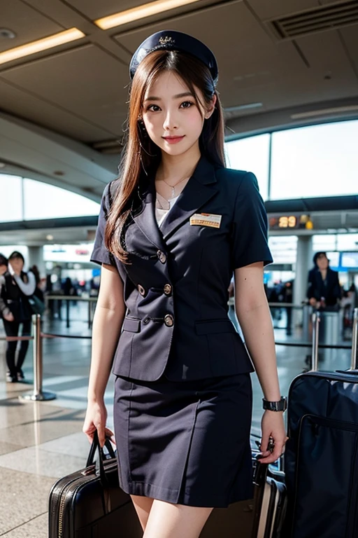 1 girl, (photorealistic, high resolution: 1.4), full body (8k, RAW photo, highest quality, masterpiece: 1.2), (realistic, photorealistic): 1.37), ((white skin: 1.2), big, viewer's gaze, (middle hair: 1.5), airplane, airport, standing, (simple background: 1.4), solo, upper body, realistic, (masterpiece: 1.4), (best quality: 1.4), ( shiny skin), smile (skinny, mouth closed, shy: 1.3), (stewardess uniform),