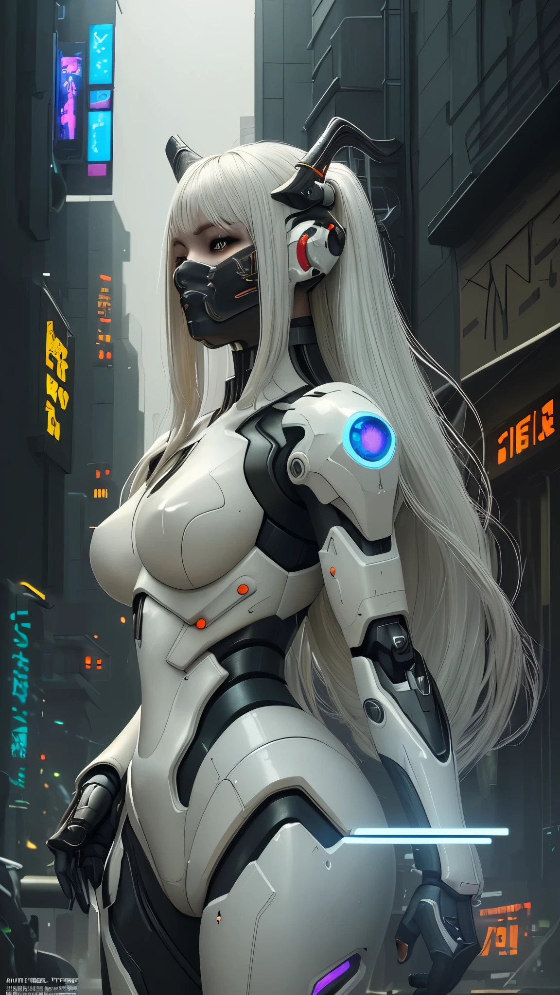 1girl, a beautiful girl cyborg cyberpunk with a cyberpunk city tall buildings, white hair, cybermask, white and orange and black machine suit color combination, the body full of machine, realistic futuristic hologram, asian skin tone, beautiful eye, beautiful asian face, cyber ear machine, suits is solid mecha, realistic machine, sci fi scape, manipulation is a masterpiece, long hair, masterpiece, suit of cyberpunk, realistic sci fi building texture mecha aestethic, digital cyberpunk, looming over a city, cyber technology, realistic hair, lots of hair, white of hair, realistic metal solid texture of building, realistic neon glow, realistic neon sign, wonderful side lighting, realistic futuristic cyberpunk building, realistic girl robot cyberpunk, fog, foogy, masterpiece of detail, RAW IMAGE, depth of field, point of interes, depth of field is masterpiece, best photography composition masterpiece, natural realistic hair, rule of third masterpiece photography, natural lighting, photography masterpiece natural lighting from side, realistic skin texture, strong reflection, ( pose pinterest) masterpiece beautiful, Devil Horns, smooth pixel, ray of light, soft light, small breasts, mastepiece of cyber mask, masterpiece fantasy gun, carry a fantasy weapon, weapon fantasy (artstation)