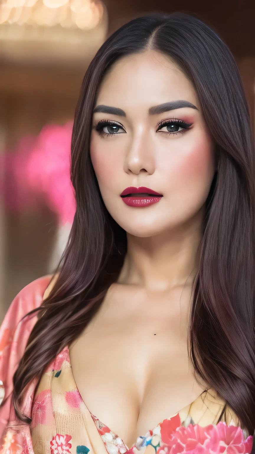 instagram photo, closeup face photo of 23 y.o Chloe in kebaya, Red Lipstick, sensual Lipstick, Sensational Make Up, cleavage, pale skin, (smile:0.4), hard shadows, White G-STRING, bright lighting