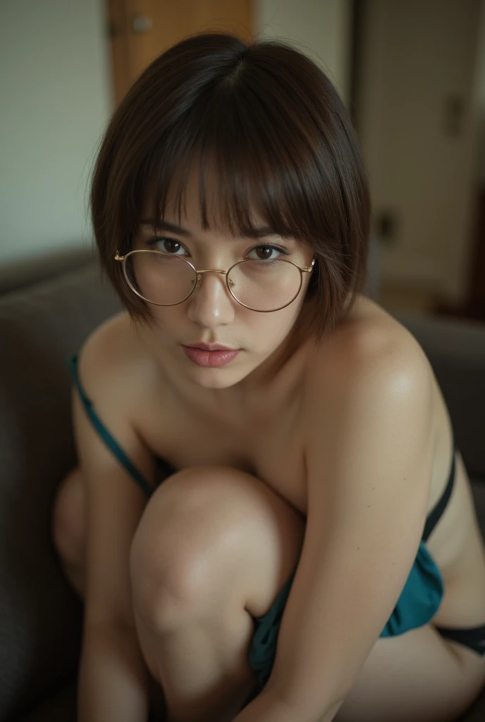 High quality, realistic, bedroom, Japanese mature woman, rimless glasses, topless, silk shiny purple panties, squatting with legs wide open, short bob hair, hands on head, eyes closed and orgasmic pleasure, full body